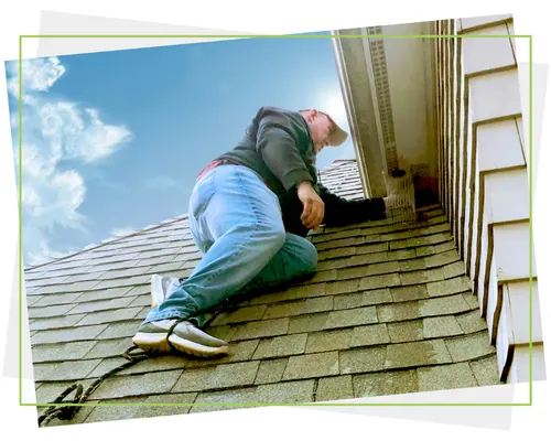 An EcoGeek technician working along the edge of a shingled roof